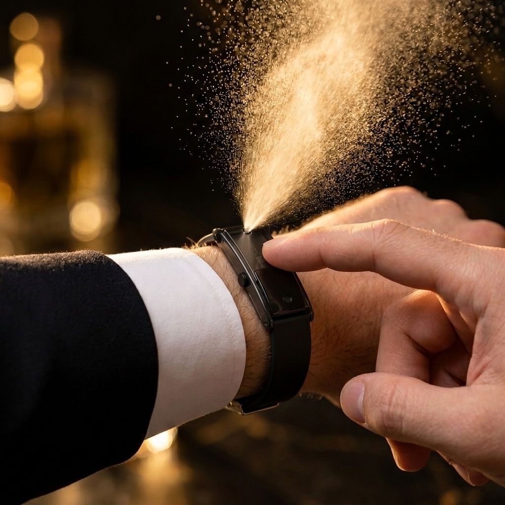 Pulsera de fragancia liberando una bruma de perfume